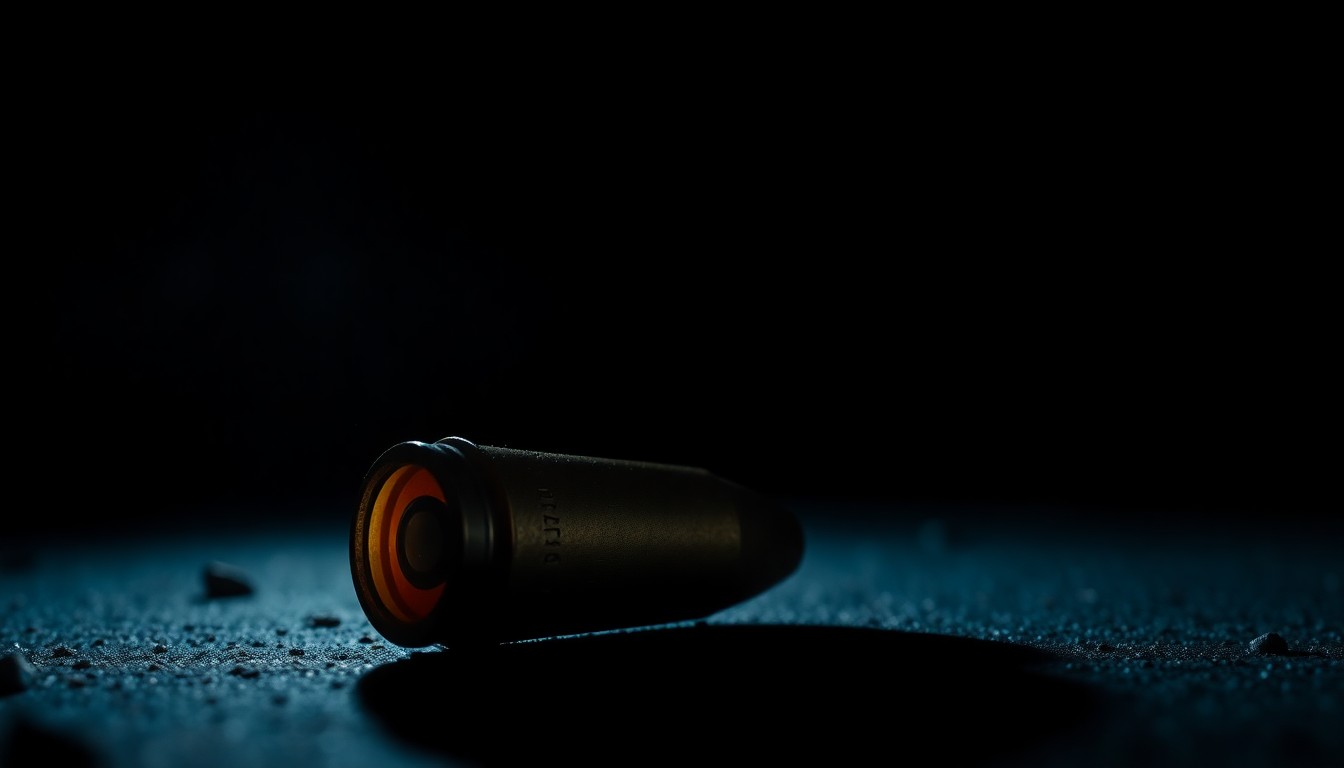 An extreme close-up photograph of a spent bullet casing on the ground, with harsh lighting and a dark background, conveying the serious and investigative nature of the crime scene.