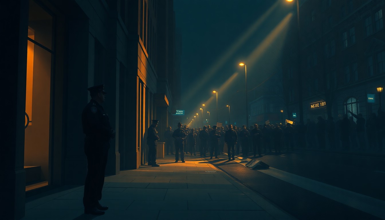 A cinematic painting depicting a lone police officer standing in the shadows of a dimly lit street corner, with a crowd of protesters in the background, all bathed in warm, diagonal sunlight and deep shadows, conceptually illustrating the confrontation between authorities and activists.