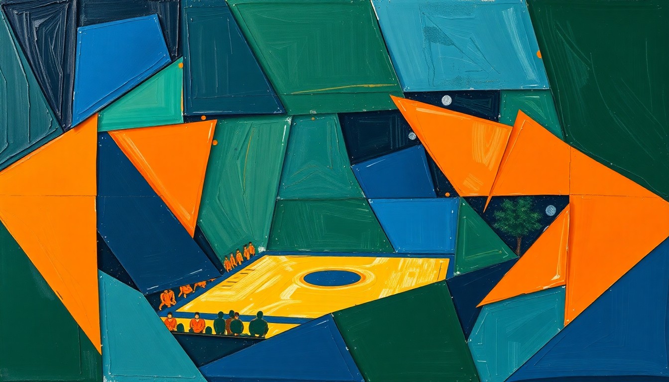 A cubist, geometric painting depicting a fragmented, multi-angled view of a college basketball game, with sharp planes of navy, green, and orange overlapping to create a dynamic, abstract composition.