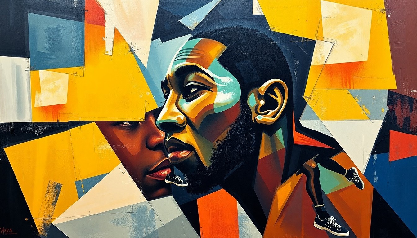 A fragmented, geometric painting depicting Ja Morant's basketball skills and the Miami Heat's team culture, conceptually illustrating the potential benefits and challenges of a hypothetical trade.