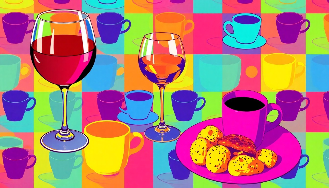 A bold, colorful silkscreen-style illustration featuring a repeating grid pattern of wine glasses, coffee cups, and plates of food in bright neon hues, conceptually representing the diverse culinary offerings at the Taste of Vail festival.