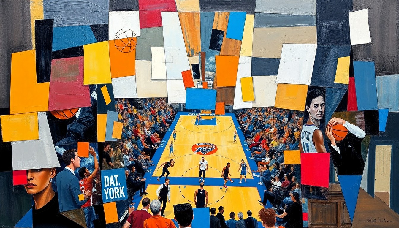 A fragmented, geometric painting depicting a basketball game, with sharp planes of color and form representing the competitive action on the court.