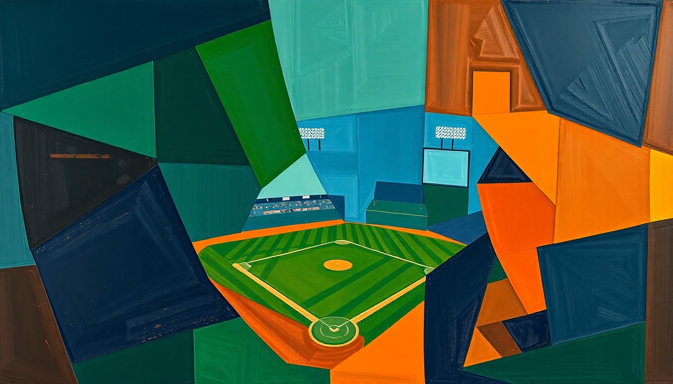 A fragmented, geometric painting depicting a baseball game, with sharp planes of navy, green, and orange overlapping to create a sense of motion and energy on the field.