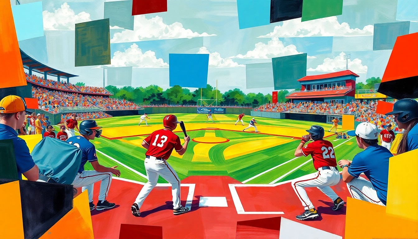 A fragmented, geometric painting in bold colors depicting the dynamic action of a high school baseball game, with players and equipment deconstructed into sharp, overlapping shapes.