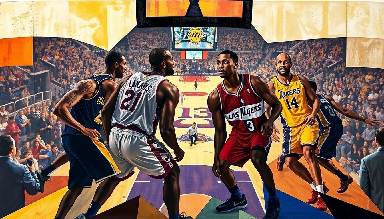 A fragmented, geometric painting depicting a basketball game between the Los Angeles Lakers and Washington Wizards, with the players' forms broken down into abstract shapes and the court fading into the background, conveying the strategic challenges of the matchup.