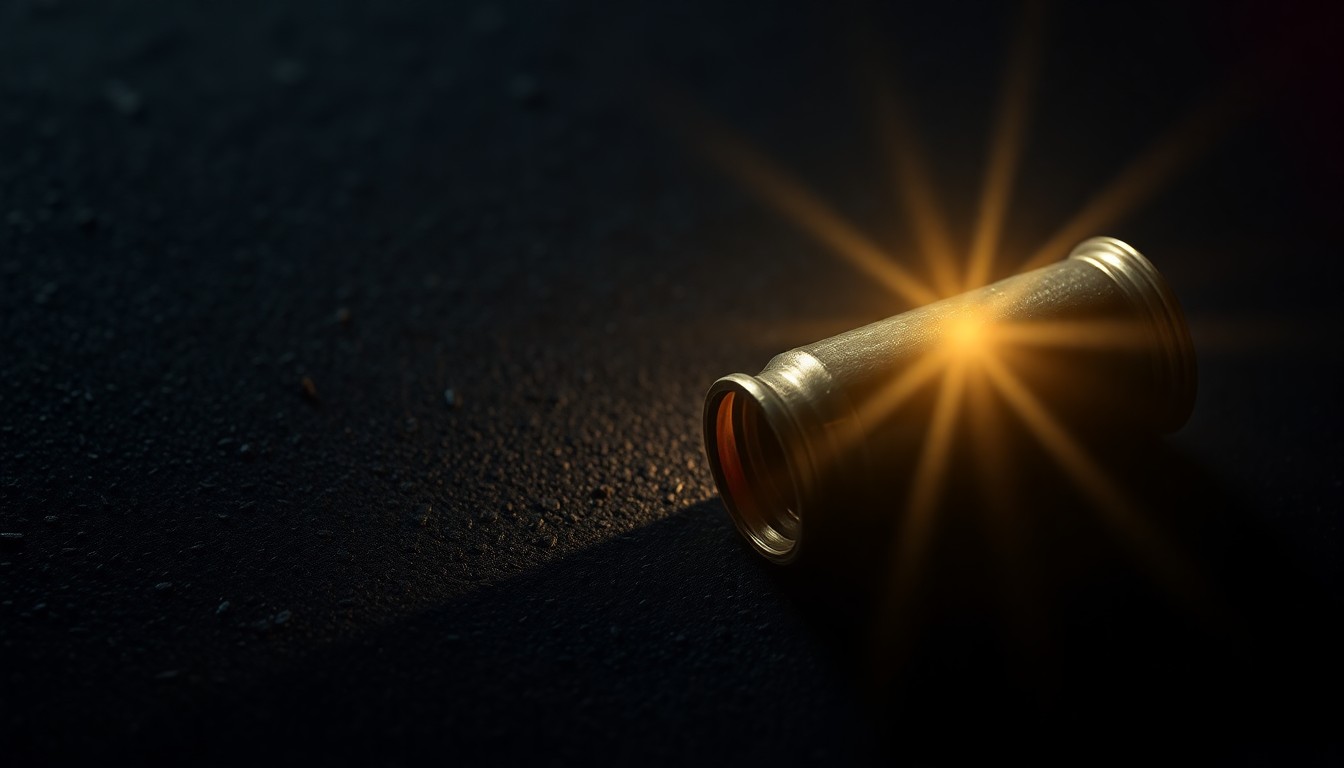 An extreme close-up photograph of a single spent shell casing on a dark, textured surface, lit by a harsh, direct camera flash, conceptually representing the aftermath of a school shooting incident.