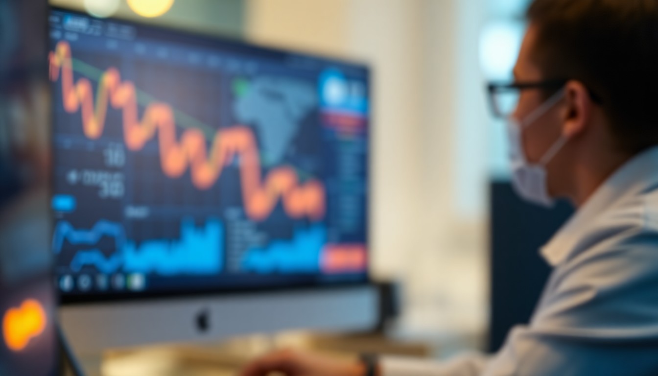 An extremely abstracted, out-of-focus photograph of a person working on a computer, with soft, warm pools of yellow, orange, and blue light, conveying the concept of public health data analysis and disease surveillance.