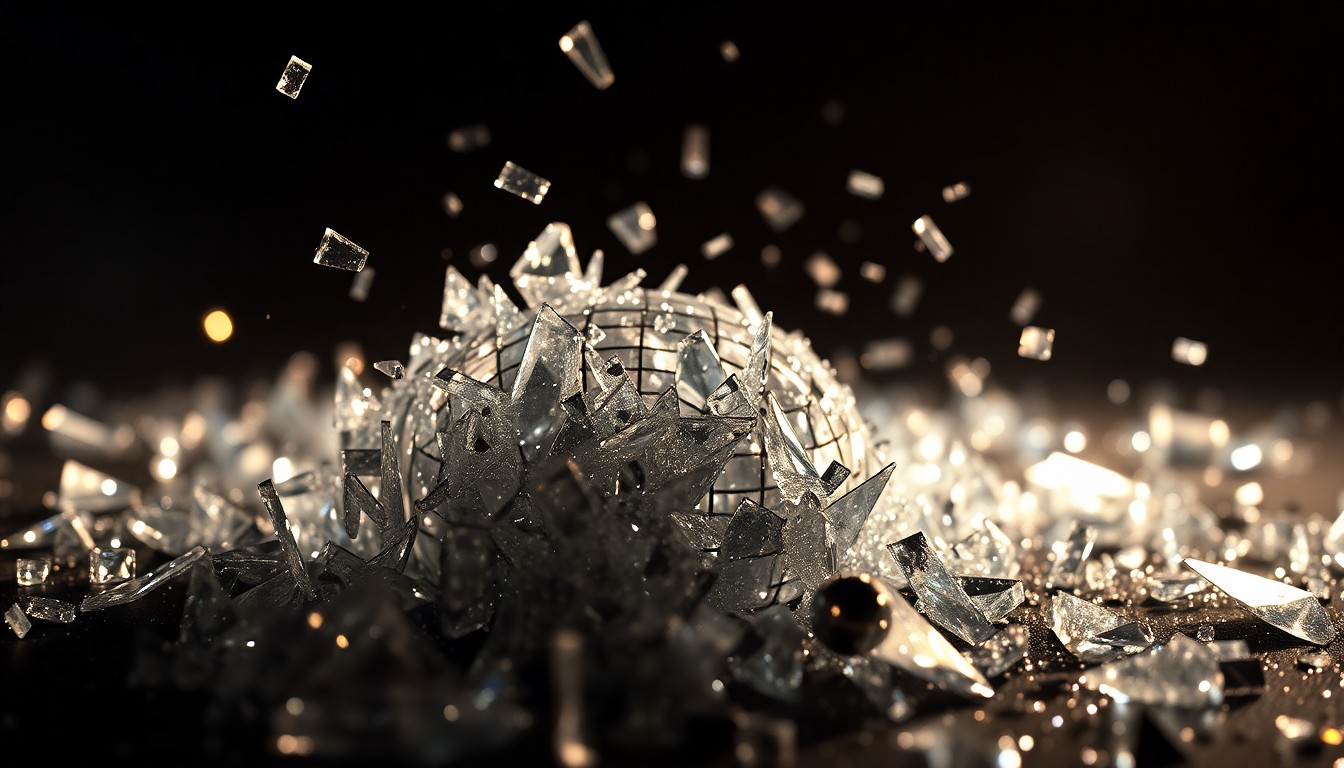 An extreme close-up photograph of shattered, glittering glass fragments under dramatic studio lighting, conveying the fragility and glamour of a legendary music career cut short.