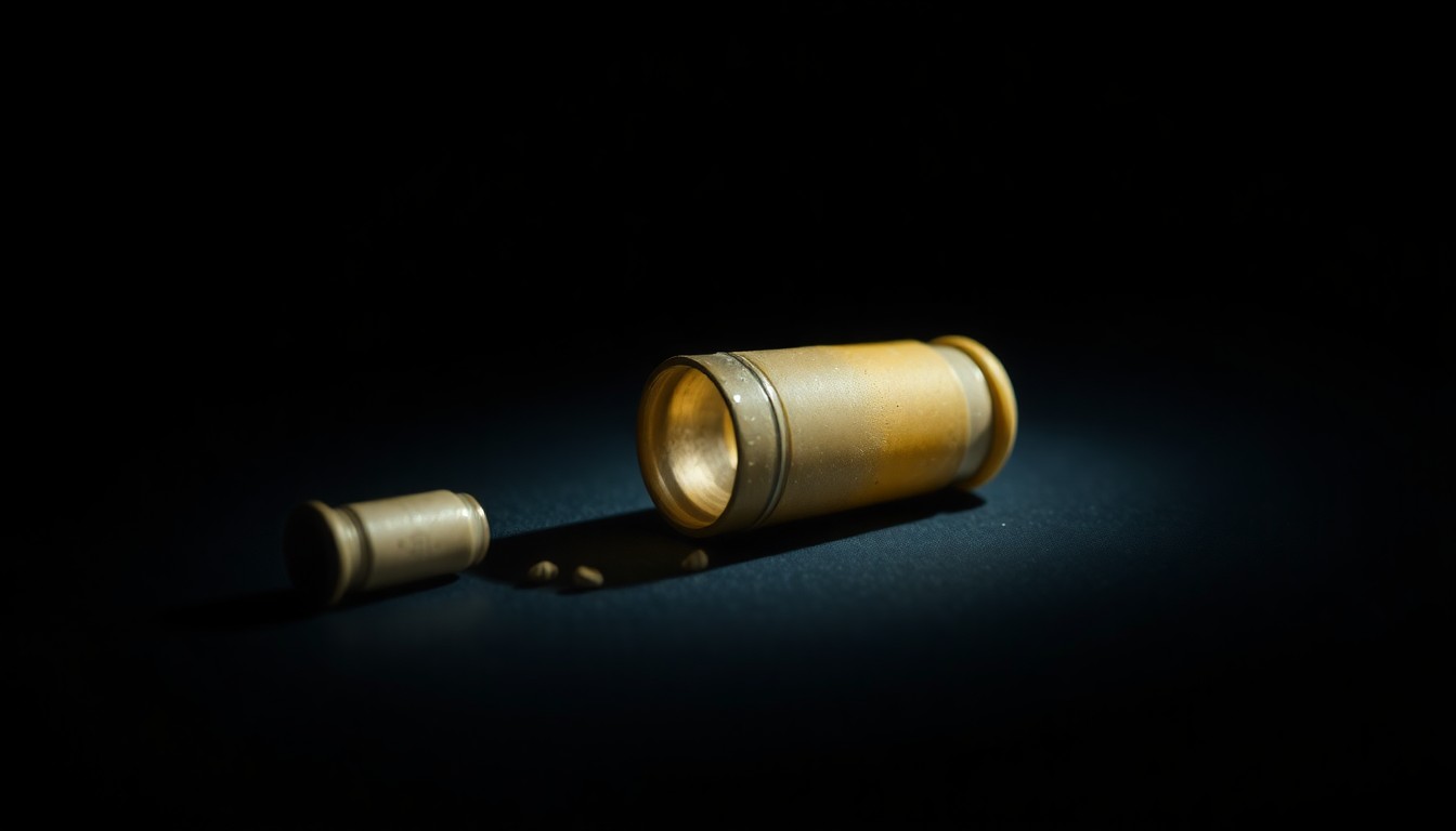 An extreme close-up photograph of a small, metallic object against a pitch-black background, conceptually representing physical evidence from a crime scene and the gritty, investigative nature of the police work.