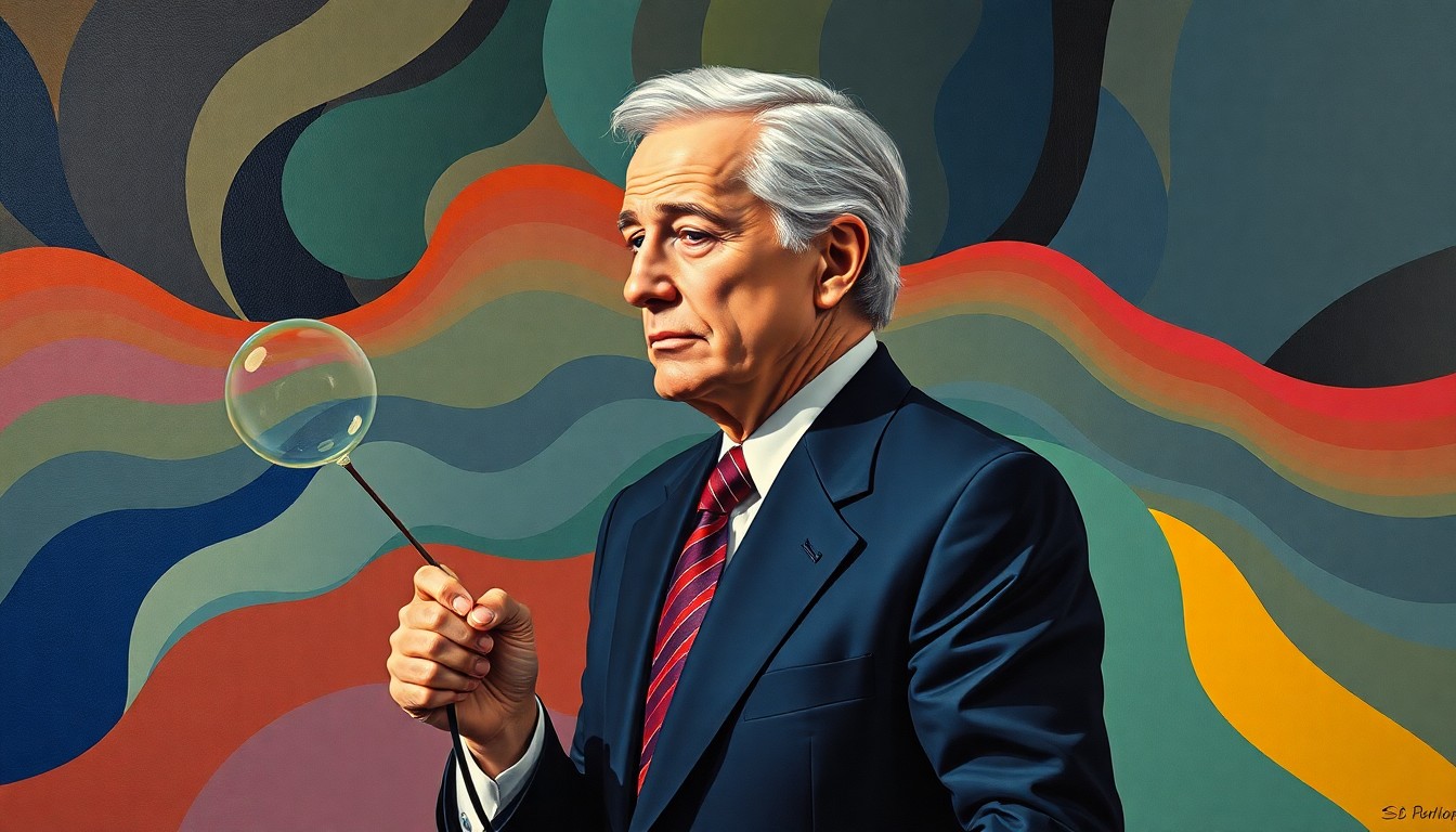 A surreal, fragmented painting depicting a politician carrying a bubble wand, their figure repeated in overlapping, geometric waves of color, conceptually representing the disconnect between political leaders and the real-world impacts of the government shutdown.