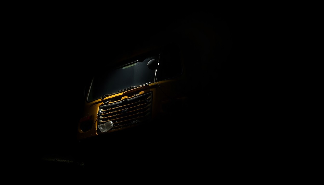 An extreme close-up photograph of a damaged school bus part or piece of evidence from the crash site, lit by a harsh, direct camera flash against a pitch-black background, conveying a stark, gritty, investigative aesthetic.