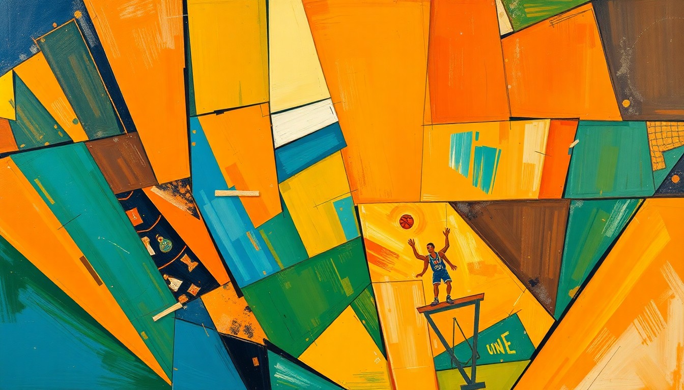 A fragmented, geometric painting depicting the dynamic movements and competitive spirit of a basketball game, with sharp planes of color and overlapping perspectives.
