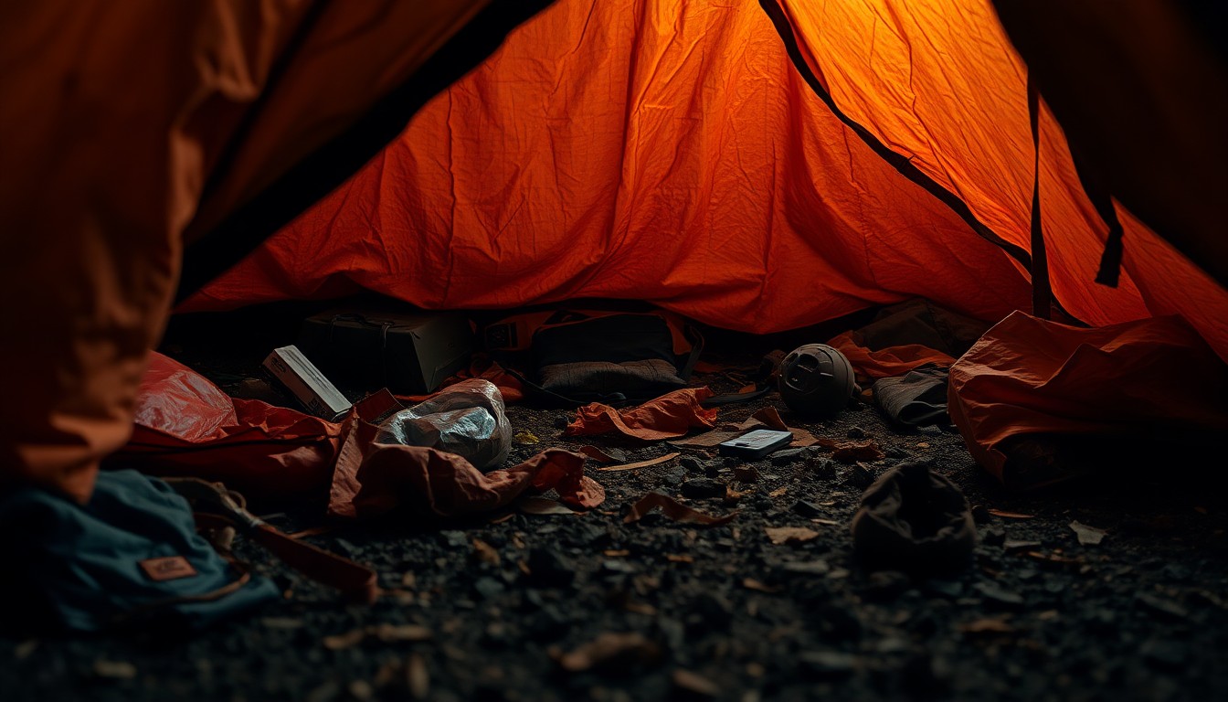 An abstract close-up photograph of shredded, weathered camping gear and fabrics, conveying the aftermath of a bear raid on a remote wilderness shelter.