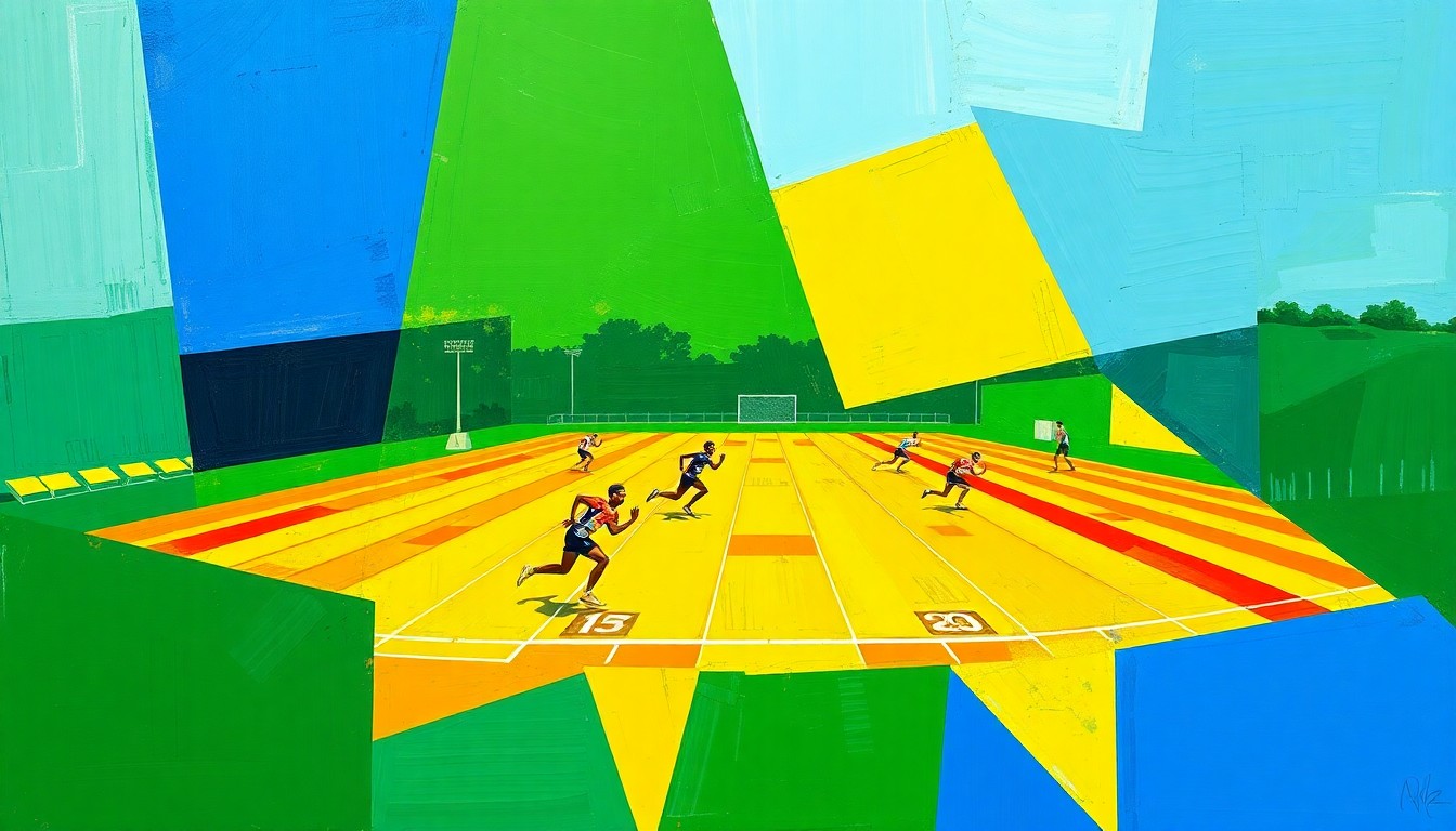A fragmented, geometric painting in shades of green, yellow, and blue, depicting the dynamic movements and competitive spirit of a high school track and field event.
