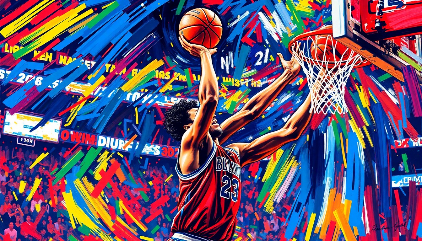 An abstract, expressionist painting in neon colors depicting the dramatic moment of a basketball player taking a shot, with the ball and player's movement blurred and dissolved into the vibrant brushstrokes, capturing the raw energy and excitement of the game-winning play.