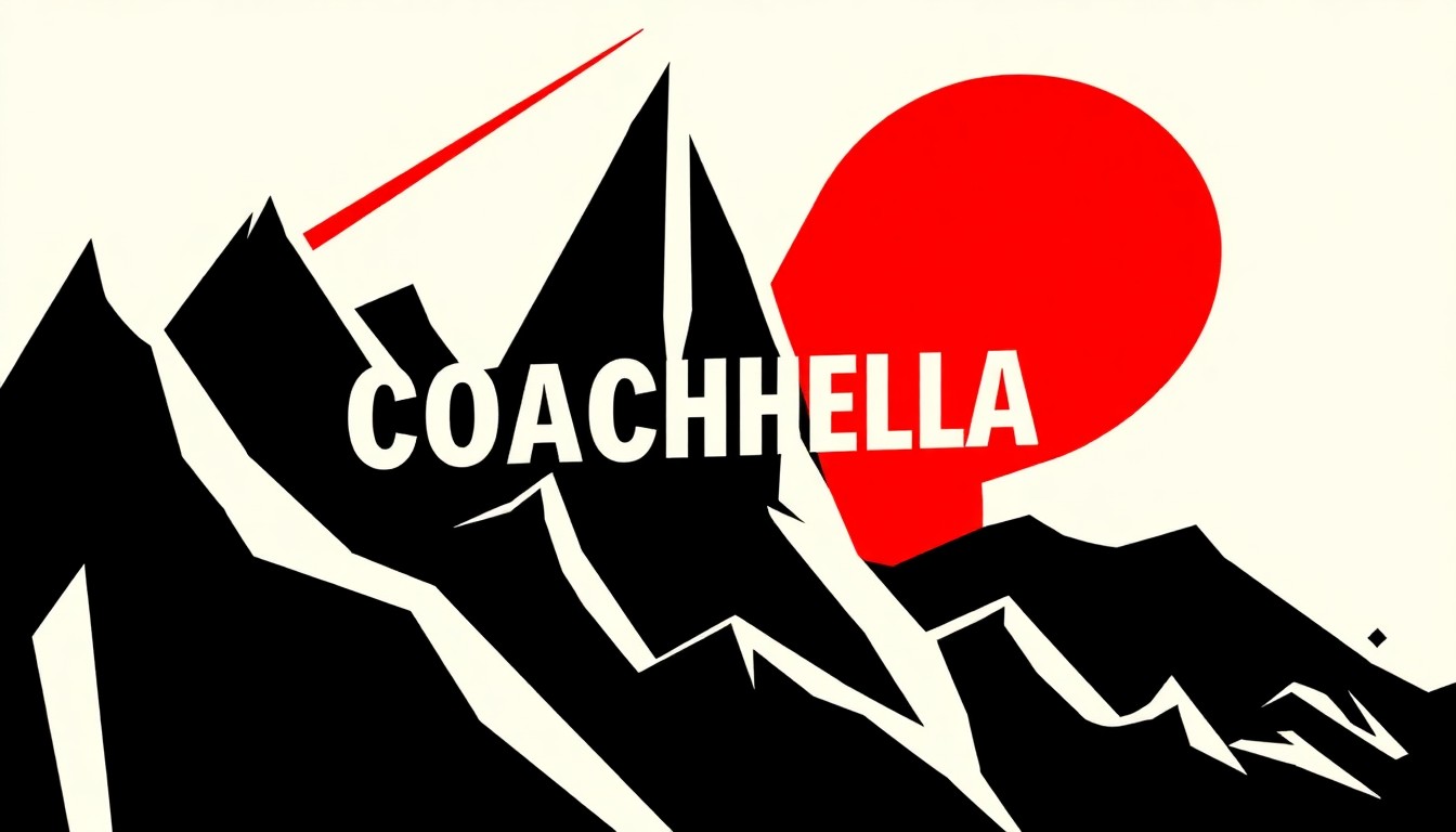 An abstract, minimalist illustration featuring stark black silhouettes and bold geometric shapes in red and white, capturing the high-energy spirit of the Coachella music festival.