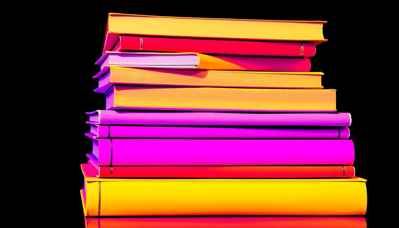 A bold, colorful silkscreen print depicting a stack of college textbooks in a vibrant neon color palette, conceptually representing how early college programs are making higher education more accessible.