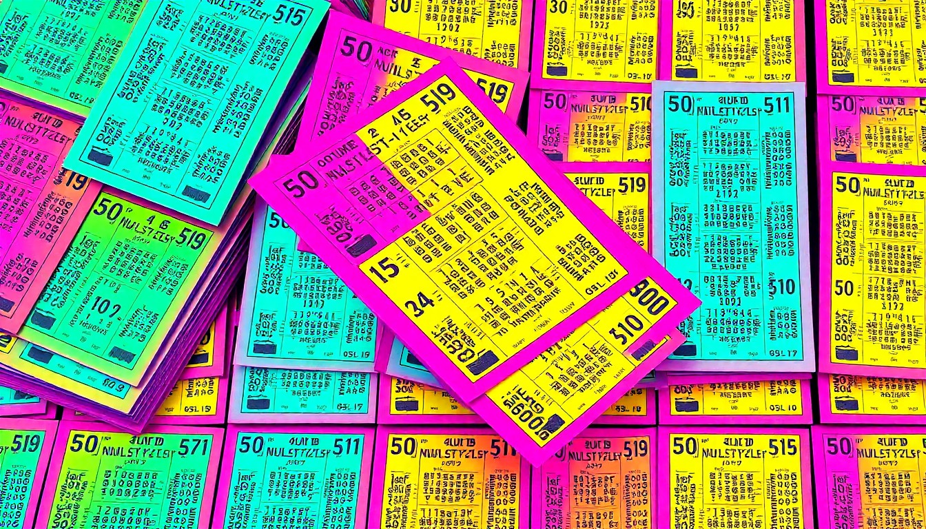 A bold, colorful silkscreen-style illustration featuring a repeating grid pattern of stylized lottery tickets in bright neon shades, conceptually representing the community buzz around significant prize payouts.