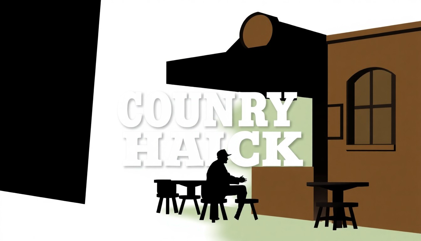 An abstract, minimalist illustration using bold, jagged geometric shapes in earthy greens and browns to conceptually represent a country music-themed bar and restaurant.