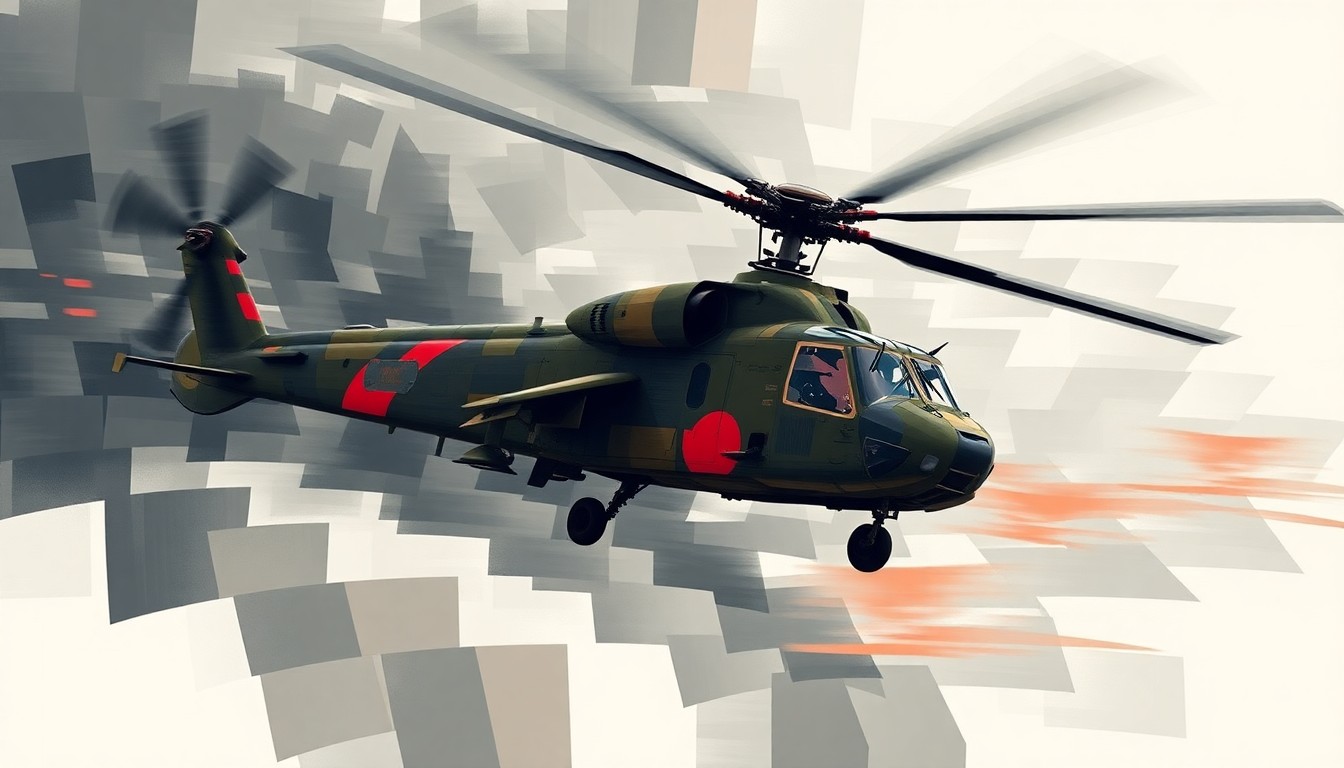 A fractured, abstract painting depicting a military helicopter in flight, with overlapping geometric shapes and waves of dark gray, olive drab, and bright red colors, conveying a sense of speed and motion.
