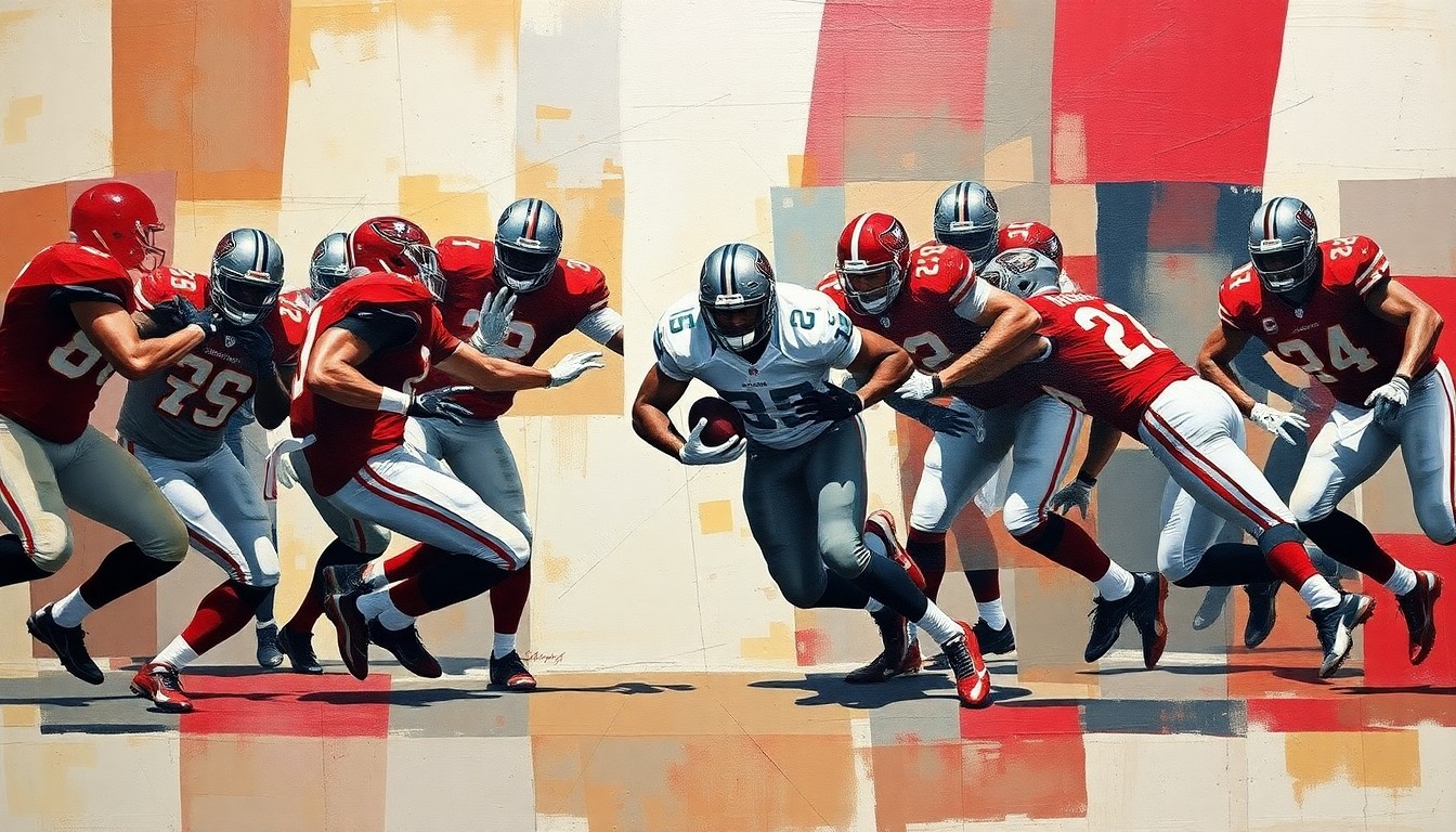 A fragmented, cubist-style painting depicting a football running play, with the player's body and the field broken down into sharp, overlapping geometric shapes in the Buccaneers' team colors.