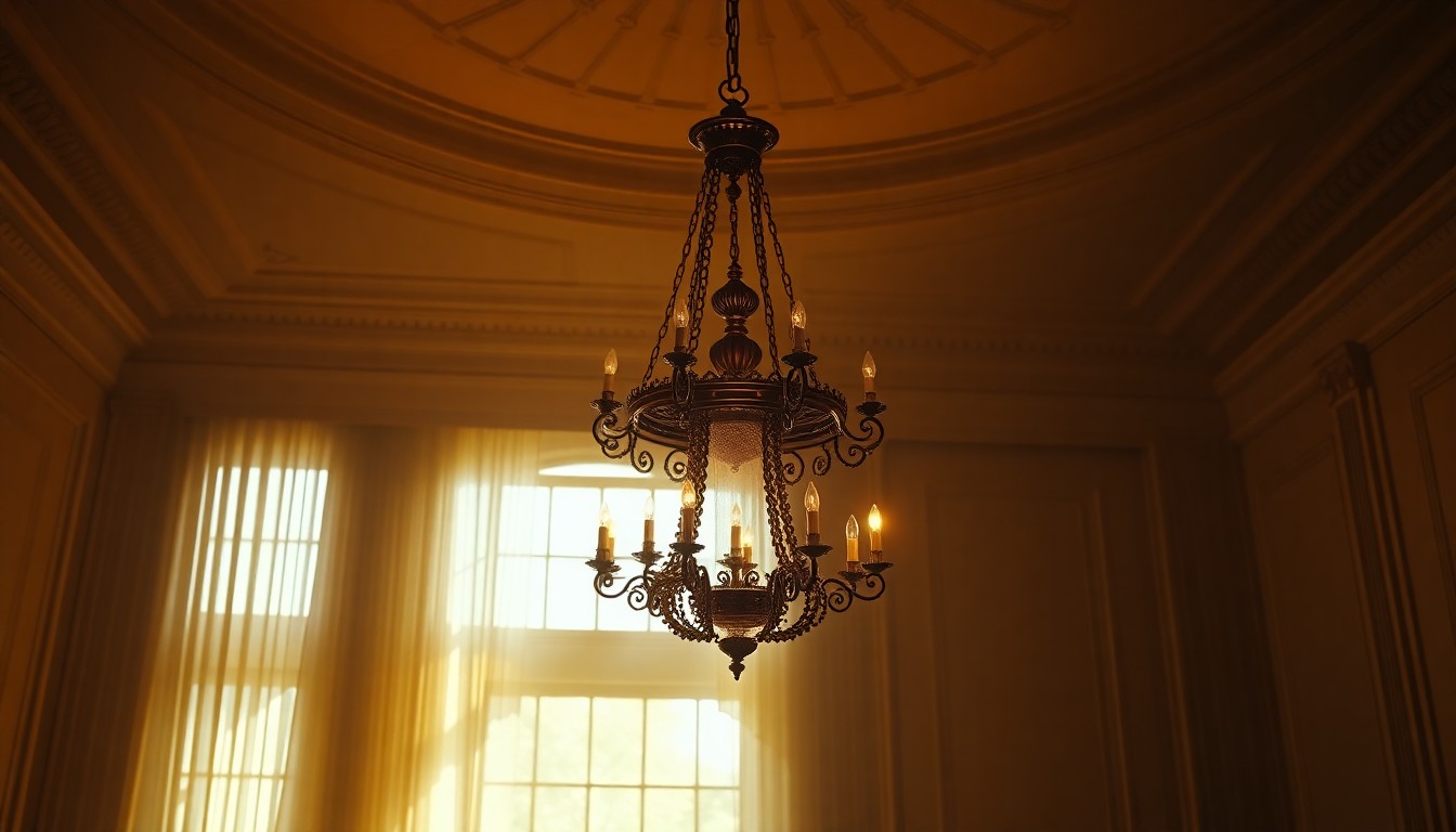A close-up view of an ornate, vintage-style chandelier hanging in an empty, dimly lit room, casting warm, diagonal light and deep shadows, conceptually representing the architectural uncertainty and political tensions surrounding a proposed White House ballroom renovation.