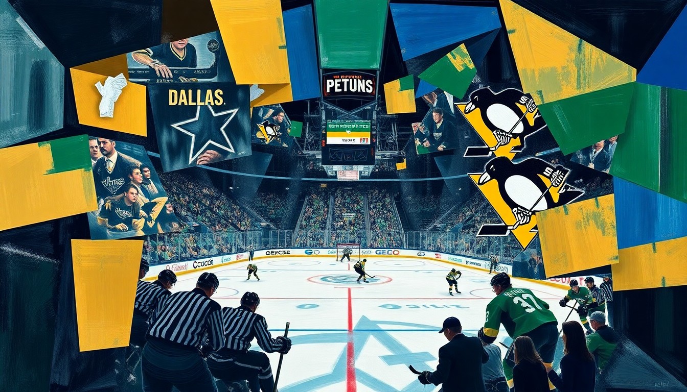 A fragmented, geometric painting depicting a hockey game, with players and the puck broken down into sharp, angular shapes and planes of color, conveying the fast-paced energy of the sport.
