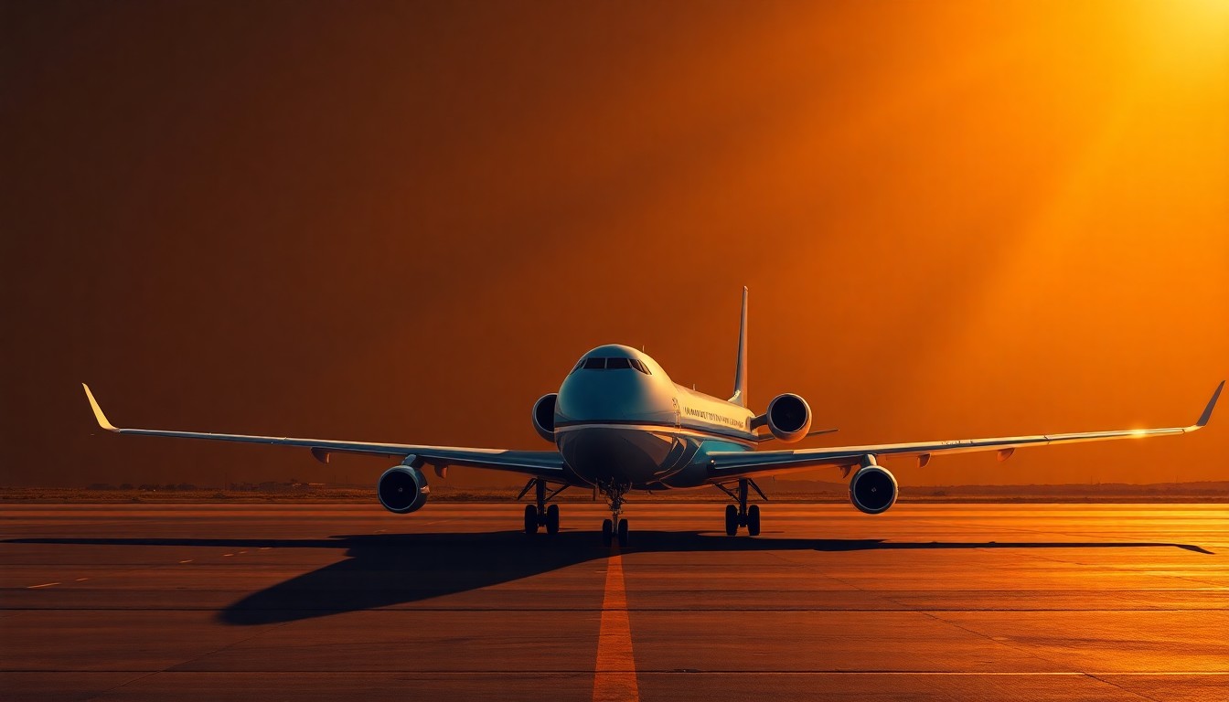 A solitary, cinematic painting of an Air Force One aircraft sitting alone on an airport tarmac, with warm sunlight and deep shadows creating a quiet, contemplative mood.