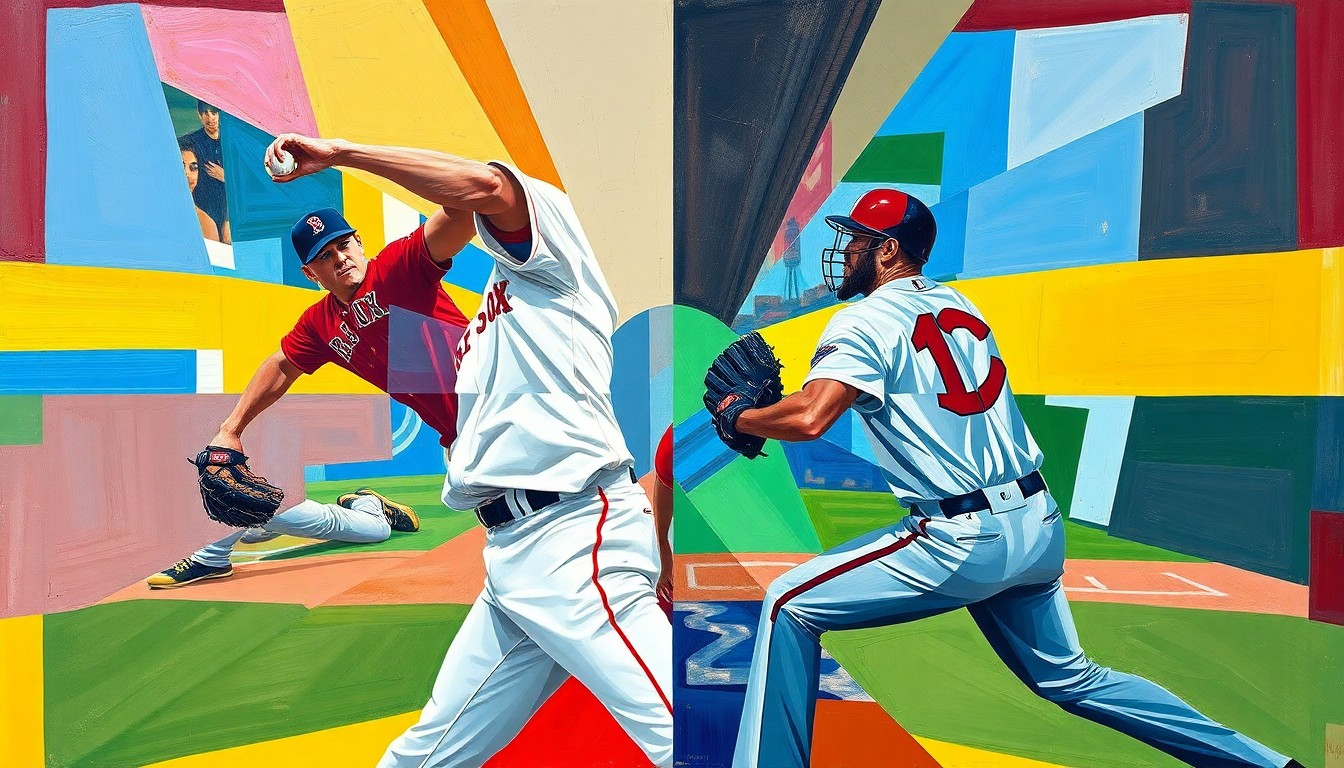 A cubist-style painting depicting a baseball pitcher's delivery and catcher's target broken down into sharp, overlapping geometric shapes in the team colors of the Red Sox and Reds, conveying the disruption and fragmentation caused by the new Automated Ball-Strike system in Major League Baseball.