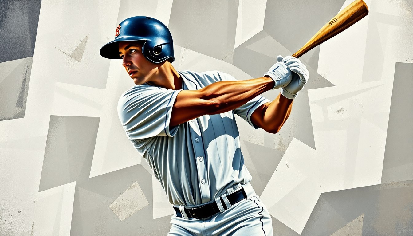 A fragmented, geometric painting depicting the dynamic motion of a baseball player's batting swing, with the player's face and uniform abstracted into sharp, overlapping shapes and planes.