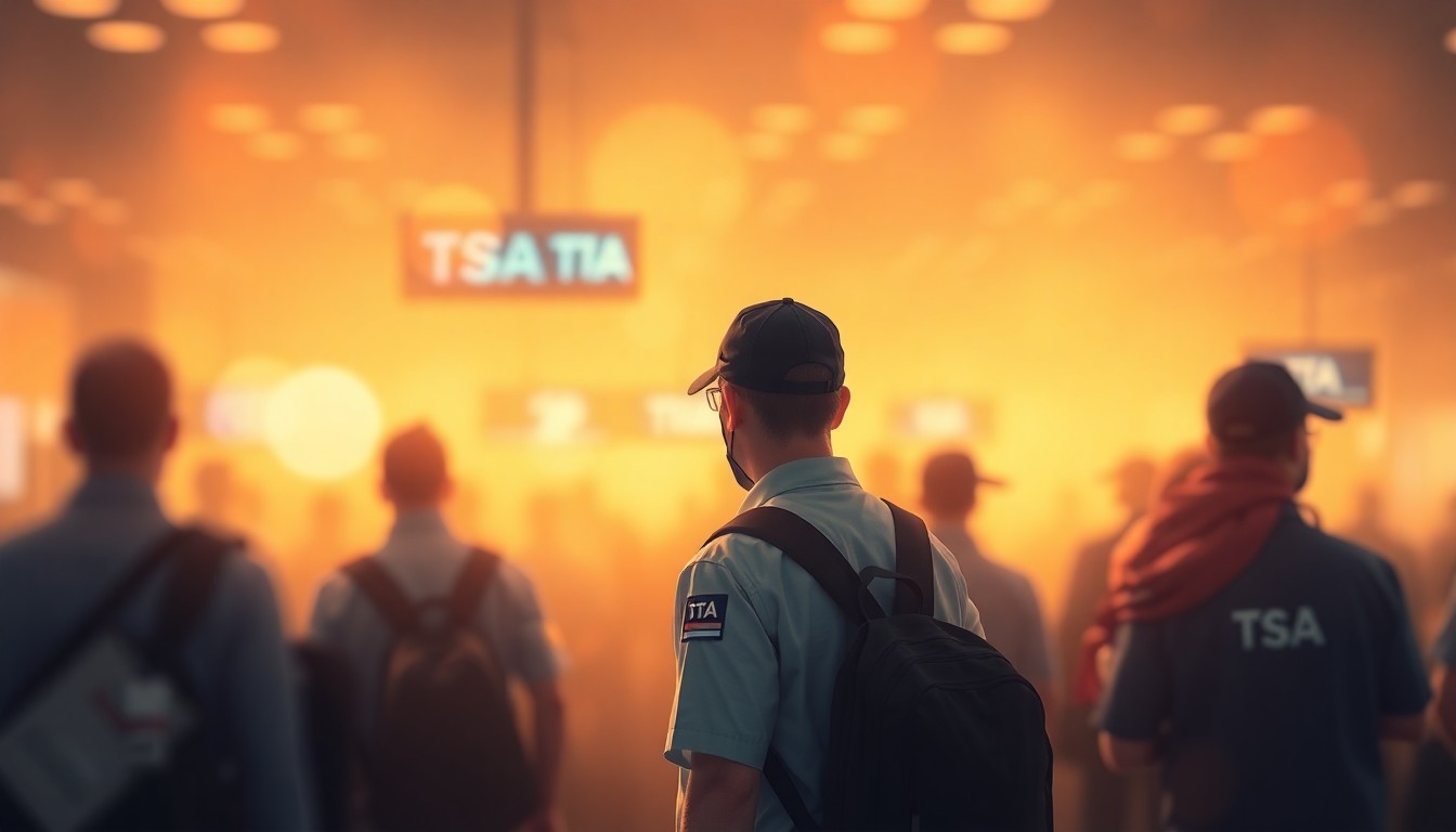 An extremely abstracted, out-of-focus photograph of an airport security checkpoint, with soft pools of warm yellow, orange, and blue light creating a dreamlike, atmospheric quality that conceptually represents the kindness and community support for federal workers during difficult times.