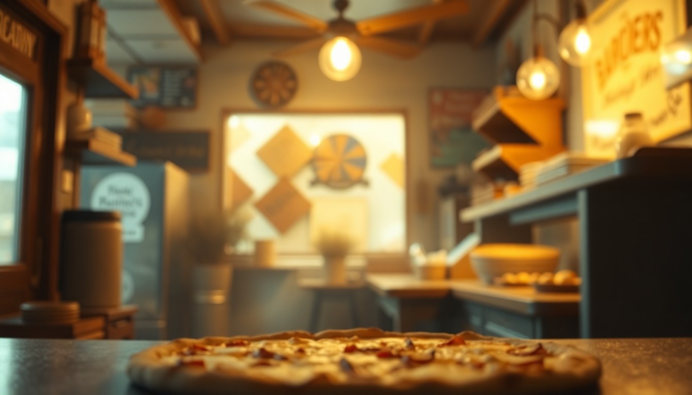 An extremely abstracted, out-of-focus photograph in soft, warm tones depicting the interior of a cozy bakery, with the faint outline of a pizza tray in the foreground, conceptually representing the closure of a much-loved local institution.