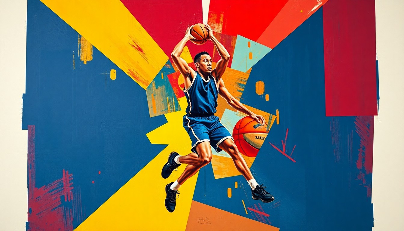 A cubist, geometric painting depicting a basketball player's movements broken down into sharp, overlapping shapes and planes in a vibrant color palette, conceptually representing the impact of a player's transfer decision.