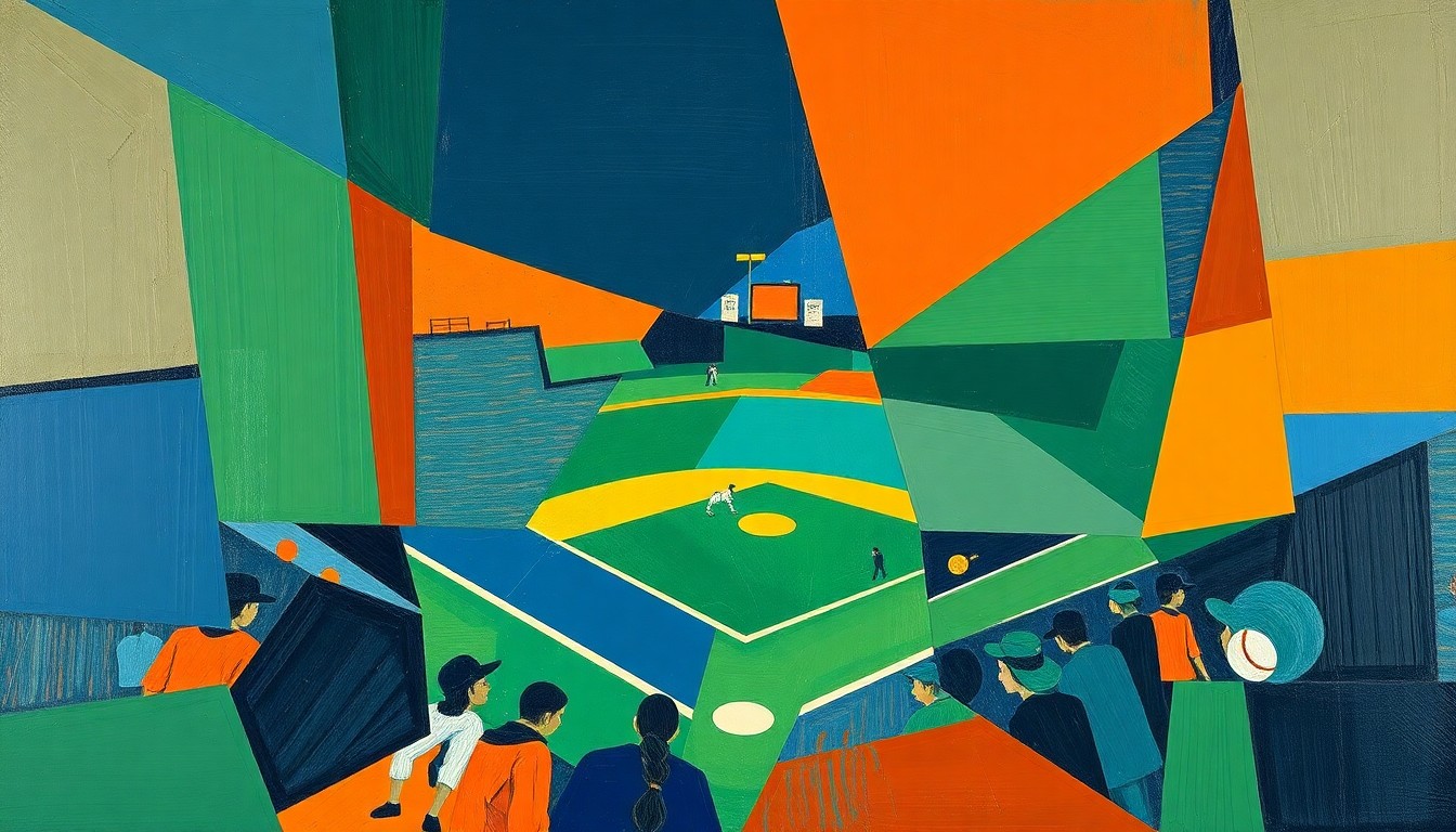 A cubist, geometric painting depicting a high school baseball game, with the players and field broken down into sharp, overlapping planes of navy blue, forest green, and burnt orange, conveying the fractured nature of the coaching change at Mainland Regional.