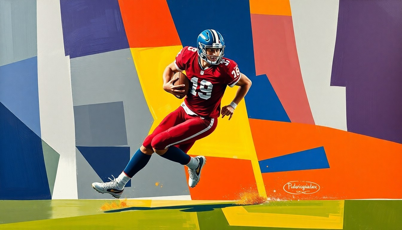 A cubist, geometric painting depicting a football player in motion, with sharp, overlapping planes of color representing the player's dynamic movements on the field.