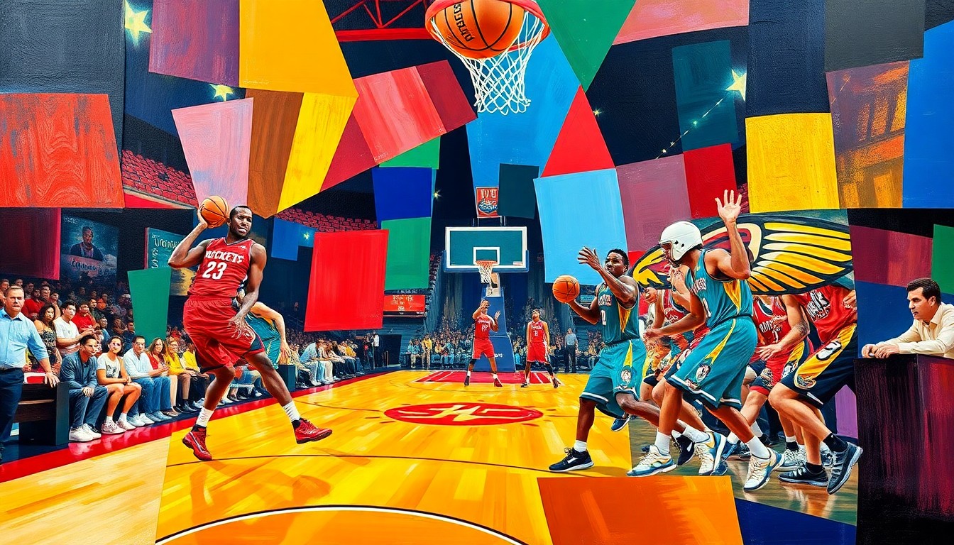 A cubist, geometric painting depicting a basketball game between the Houston Rockets and New Orleans Pelicans, with the players and court broken down into overlapping, fragmented shapes and planes in vibrant colors.