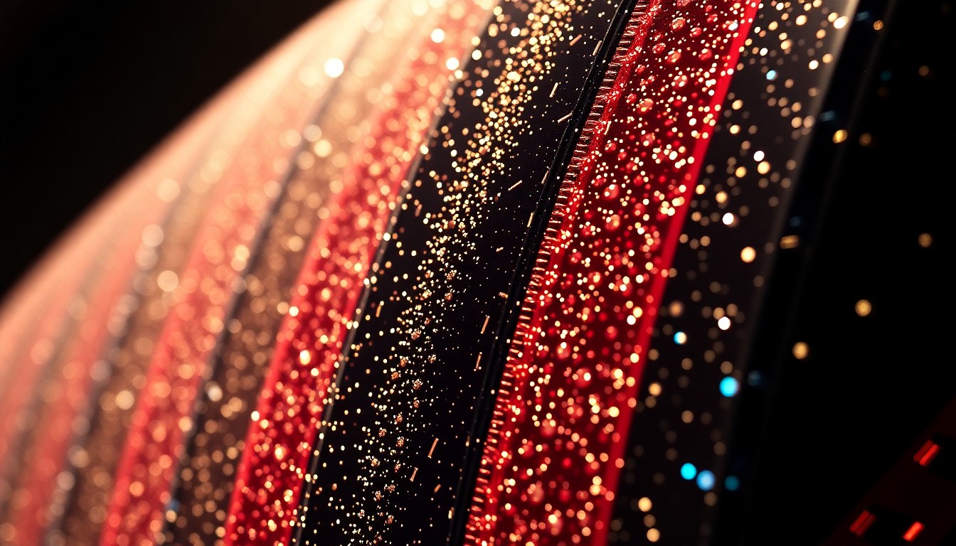 An abstract close-up image of shiny, glittering film reel material, capturing the luxurious, high-fashion aesthetic of Hollywood animation.