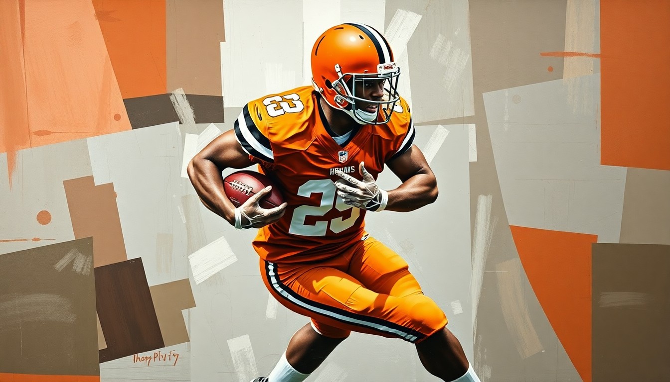 A fragmented, cubist-style painting depicting a football player in mid-motion, with sharp geometric planes in shades of orange, brown, and grey conveying the raw power and energy of the sport.
