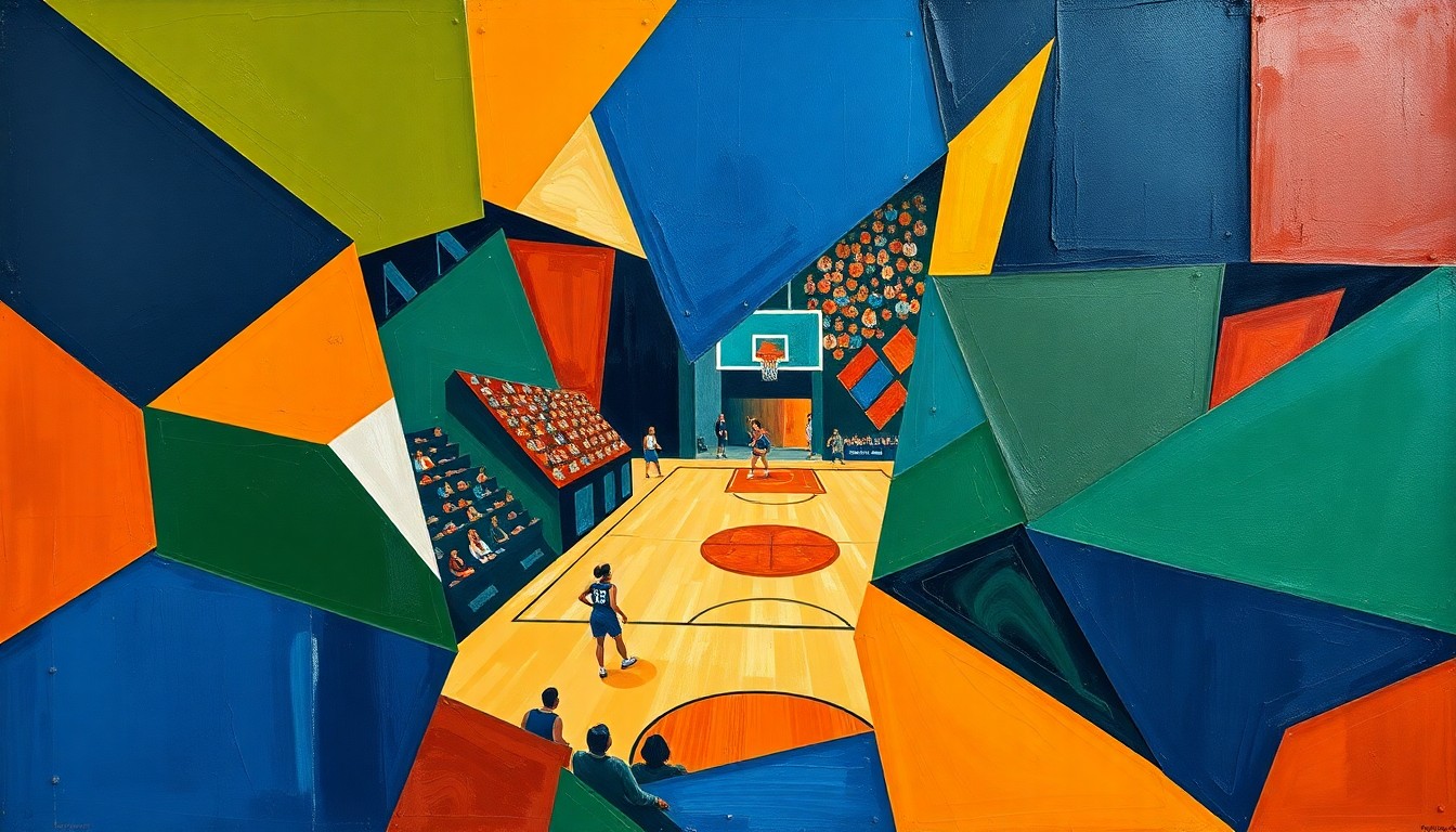 A cubist-style painting featuring overlapping geometric shapes and planes in navy, green, and orange, conceptually representing the transition and change in the UAlbany women's basketball program.
