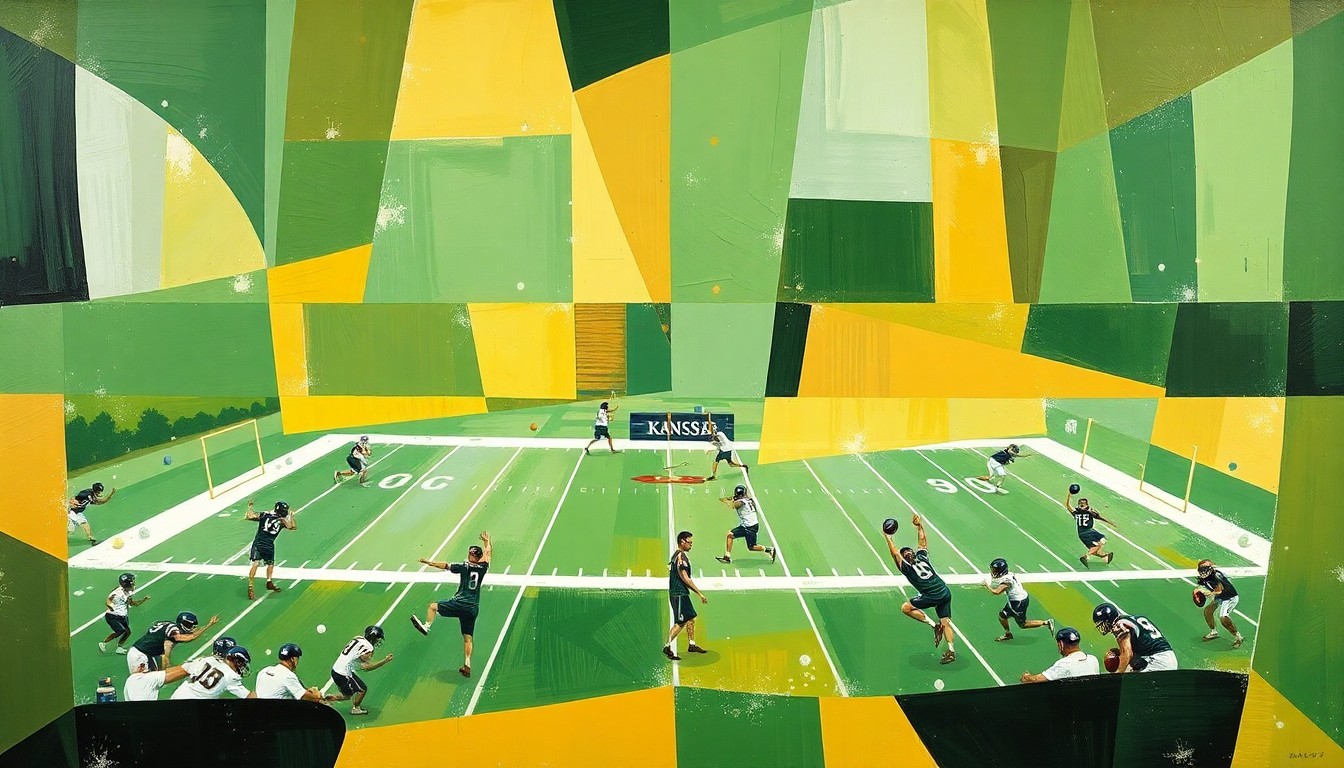 A cubist, geometric painting depicting a fragmented, multi-angled view of a Kansas football practice, with players and equipment broken down into sharp, overlapping shapes in the team's colors of green, gold, and white.