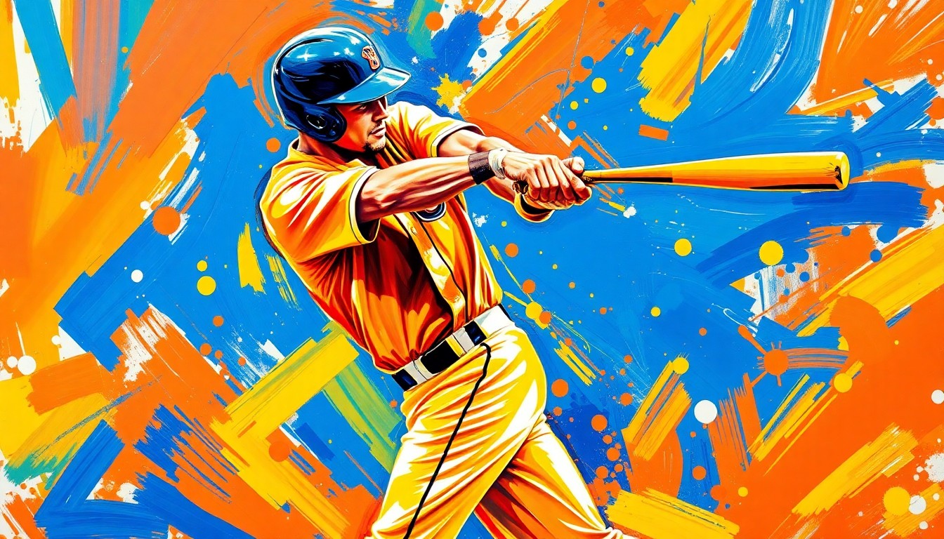 An abstract, expressionist painting in vibrant neon colors capturing the explosive motion and raw power of a baseball player swinging and connecting with the ball.