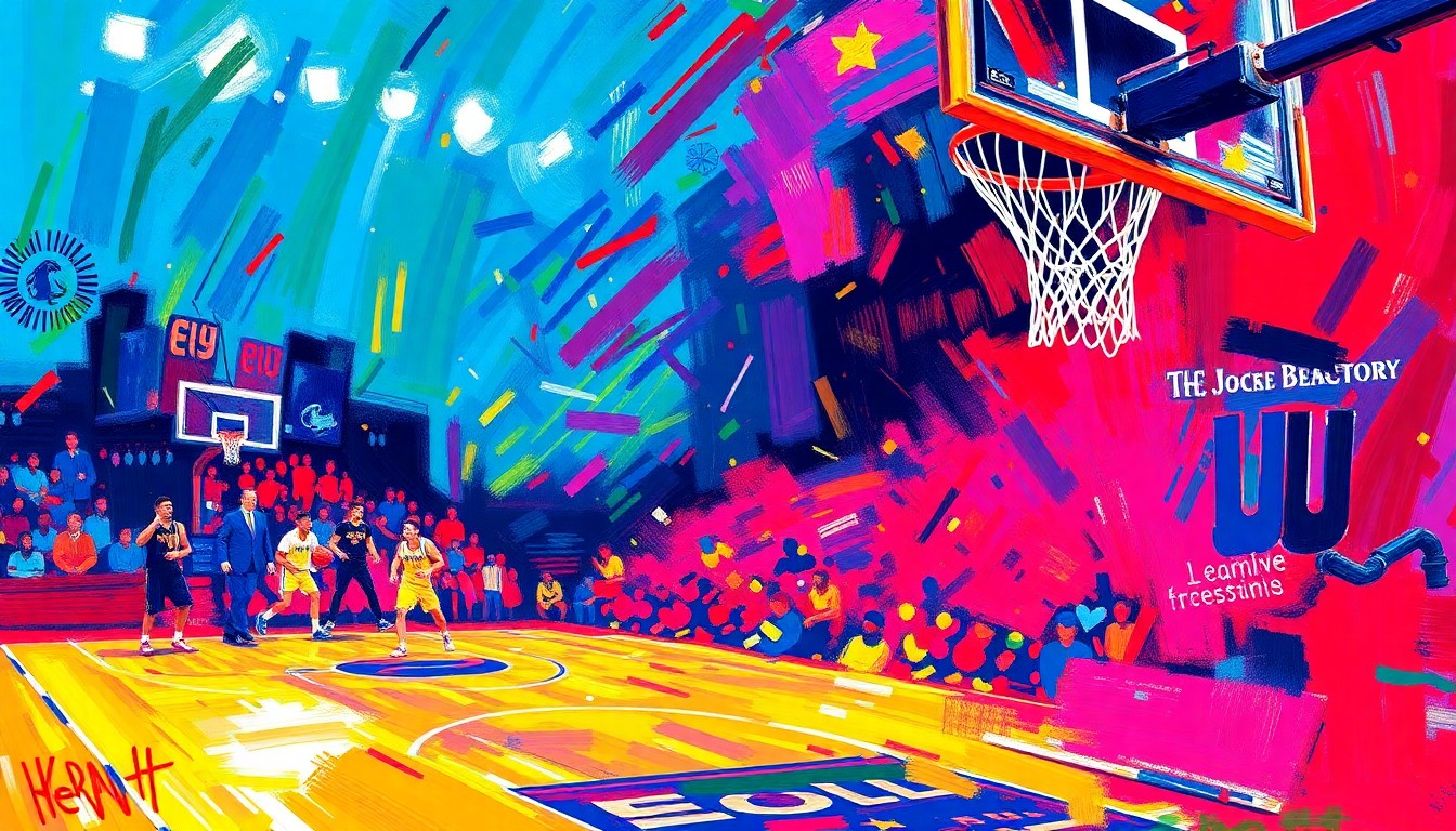 An abstract, expressionist painting featuring bold, neon-colored brushstrokes that convey the energy and excitement of a high-stakes NCAA basketball game.