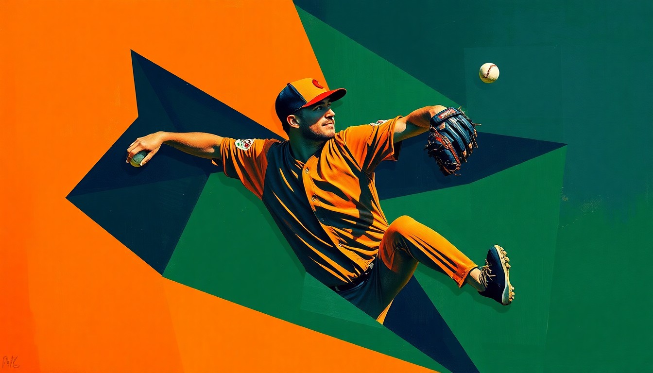 A fragmented, geometric painting depicting a baseball pitcher's delivery broken down into overlapping planes of navy, green, and orange, conveying the uneven and concerning nature of the player's performance.