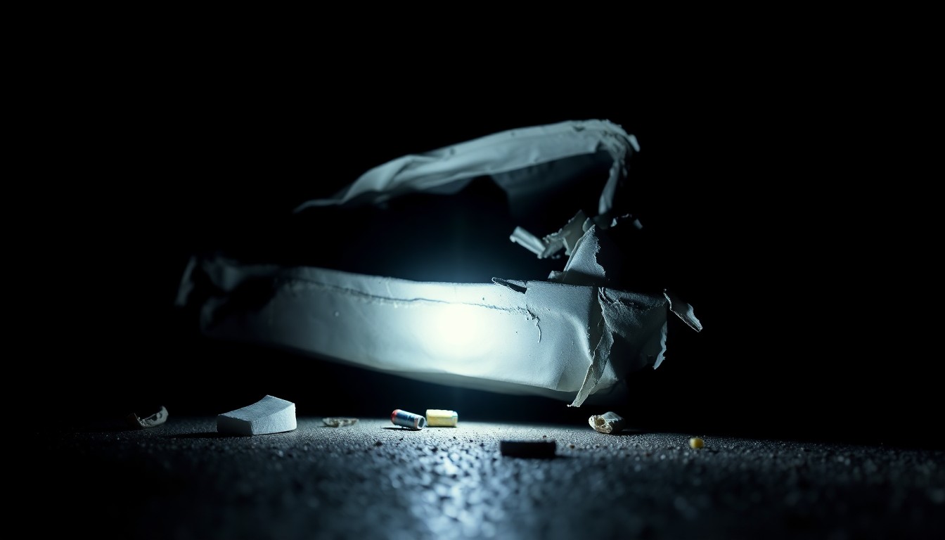 An extreme close-up photograph of a damaged car part or piece of debris from the I-40 crash site, lit by a harsh, direct camera flash against a pitch-black background, conveying a stark, gritty, investigative aesthetic.