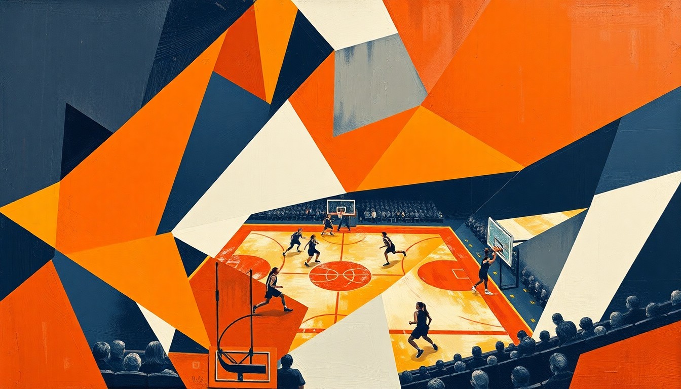 A cubist, geometric painting depicting a women's basketball game, with overlapping planes of burnt orange, navy blue, and white shapes representing the dynamic action on the court.