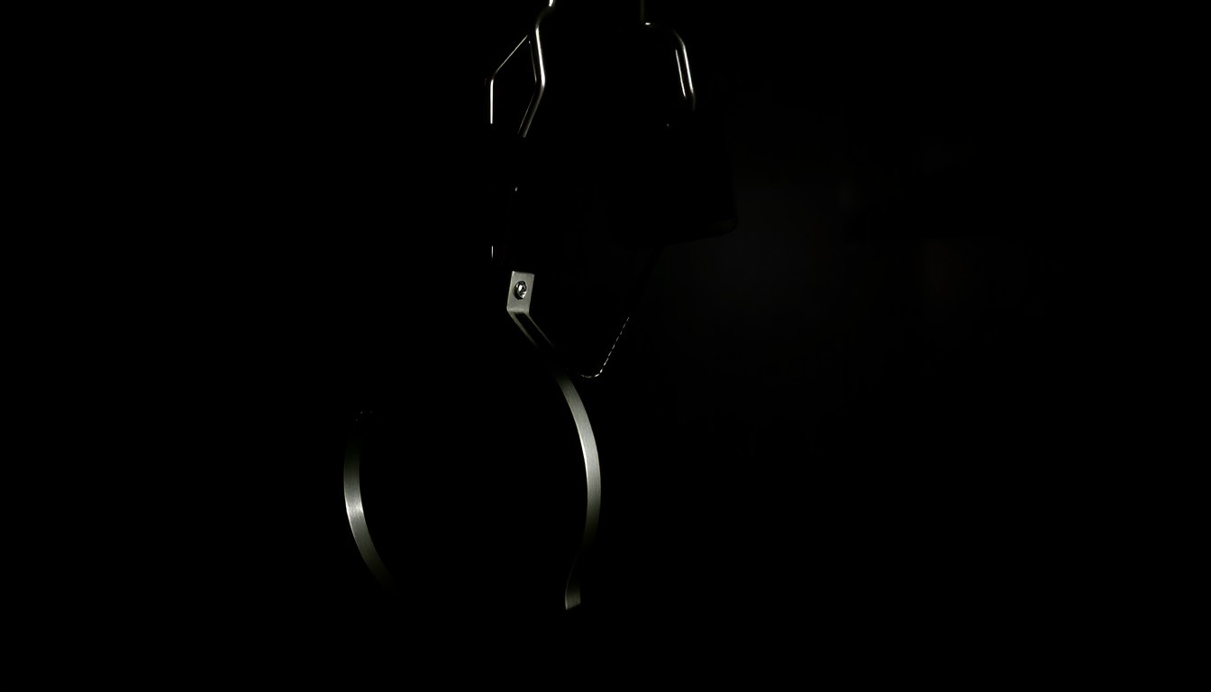 An extreme close-up photograph of a pair of handcuffs against a pitch-black background, lit by a harsh, direct camera flash, conceptually representing the abuse of power and violation of trust within the prison system.