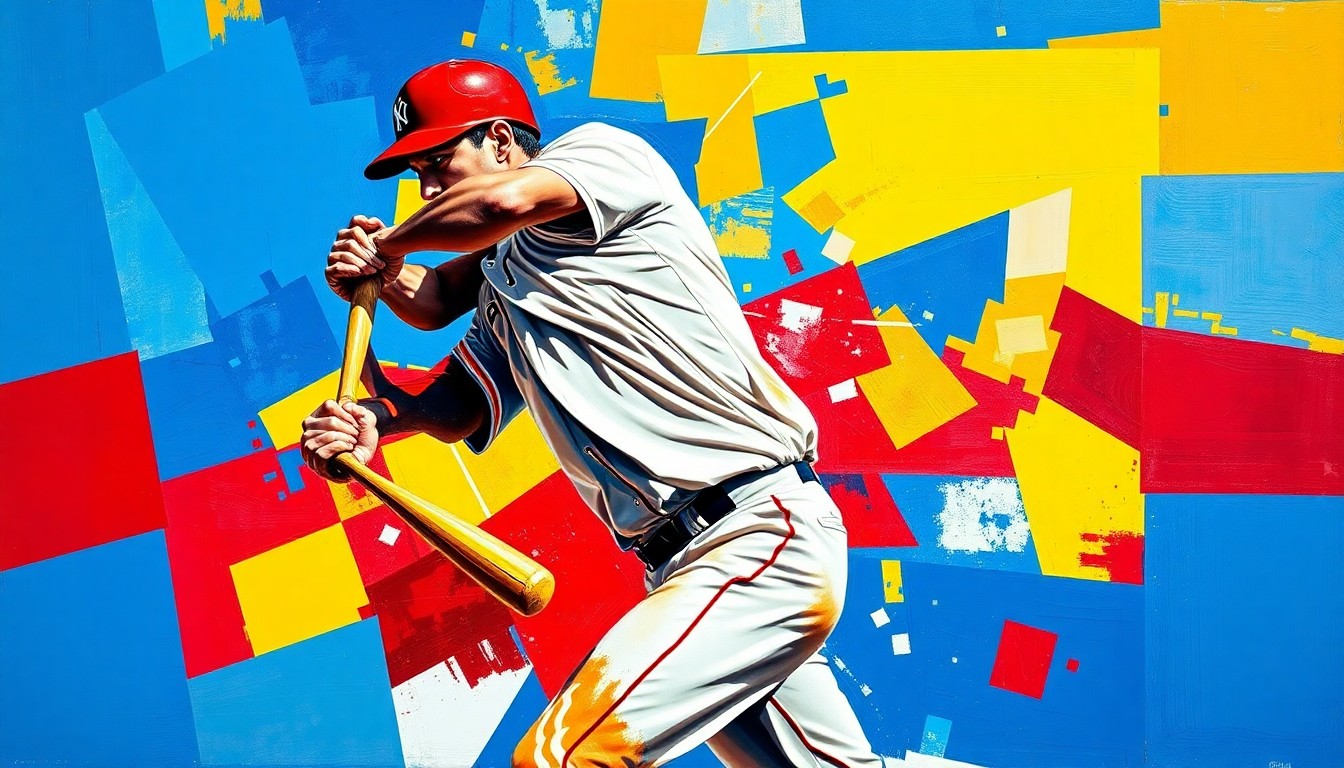 A cubist, geometric painting depicting the dynamic motion of a baseball player, with sharp planes of color representing the different perspectives and energy of the sport.