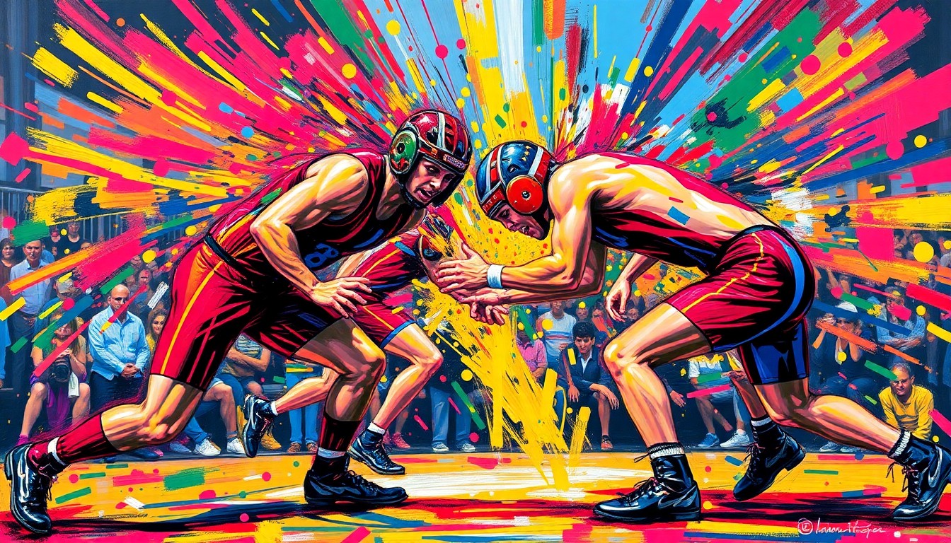 An abstract, energetic painting in vibrant neon colors, capturing the raw power and intensity of a high school wrestling match through rapid brushstrokes and dissolving figures.