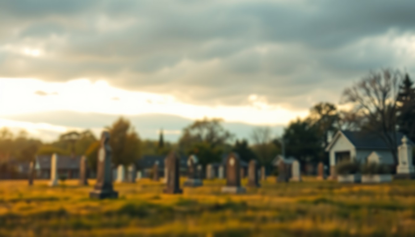 A serene, impressionistic photograph of a small-town cemetery, with blurred headstones and trees in the background, conveying a sense of tranquility and reflection.