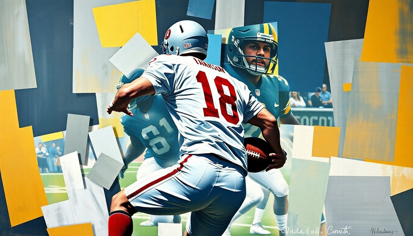 A fractured, multi-perspective painting breaking down a football player in motion into sharp, overlapping geometric planes, with the player's jersey number obscured and their face abstracted, focusing on the dynamic energy of the sport.